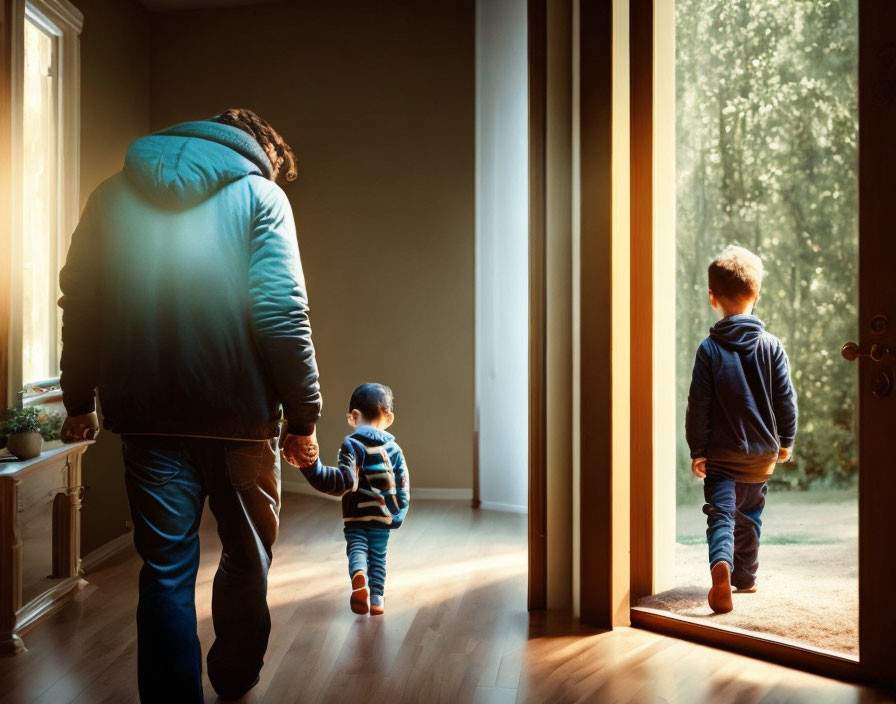 Adult and child walking to lit doorway with another child in cozy attire