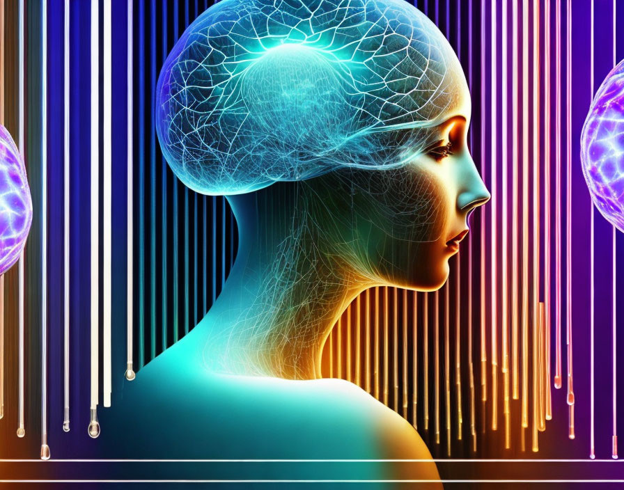 Woman's Profile with Transparent Head Showing Brain Network on Colorful Striped Background