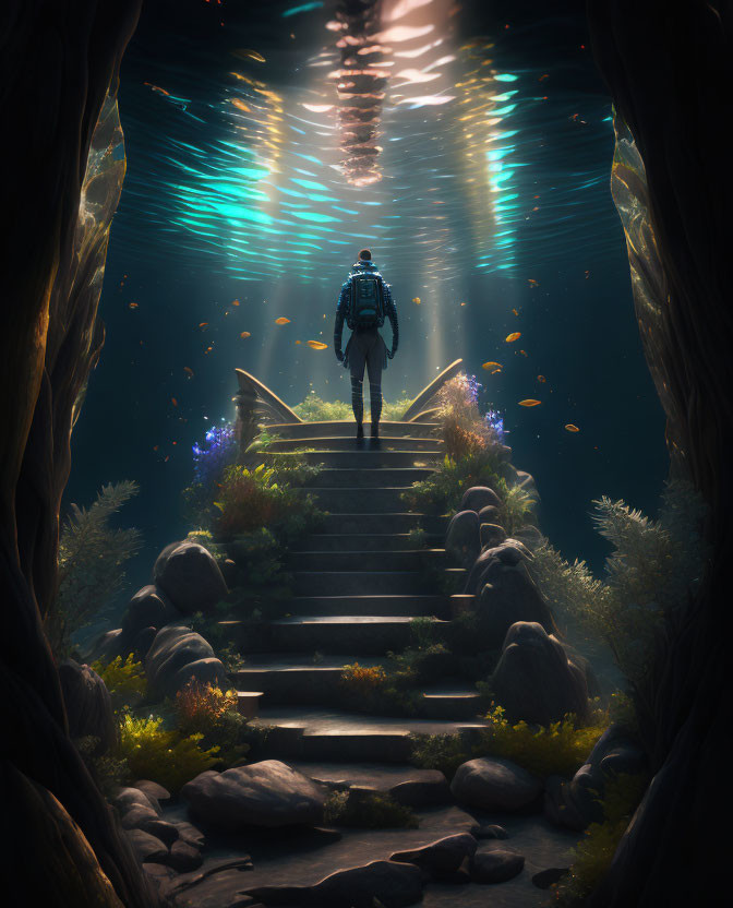 Underwater Diver at Illuminated Staircase surrounded by Aquatic Flora