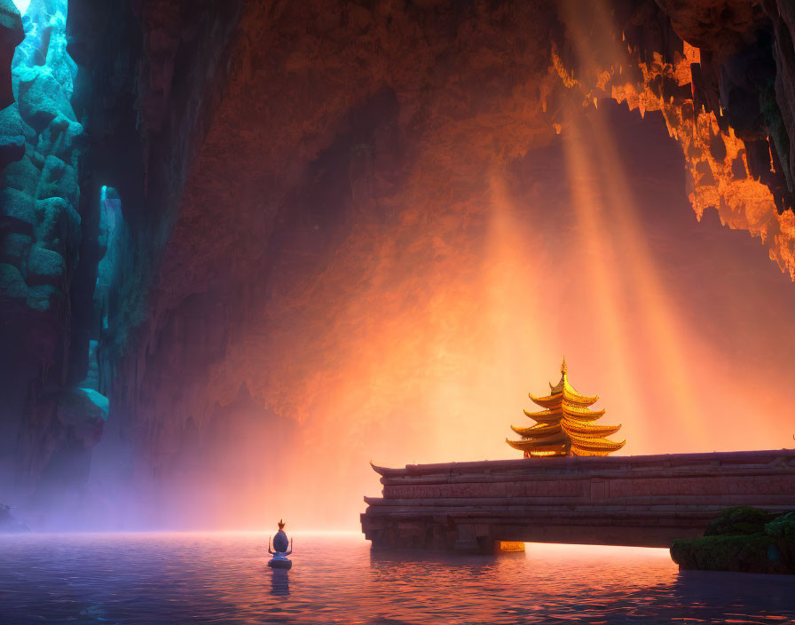 Person meditating on boat near ornate temple in mystical cave