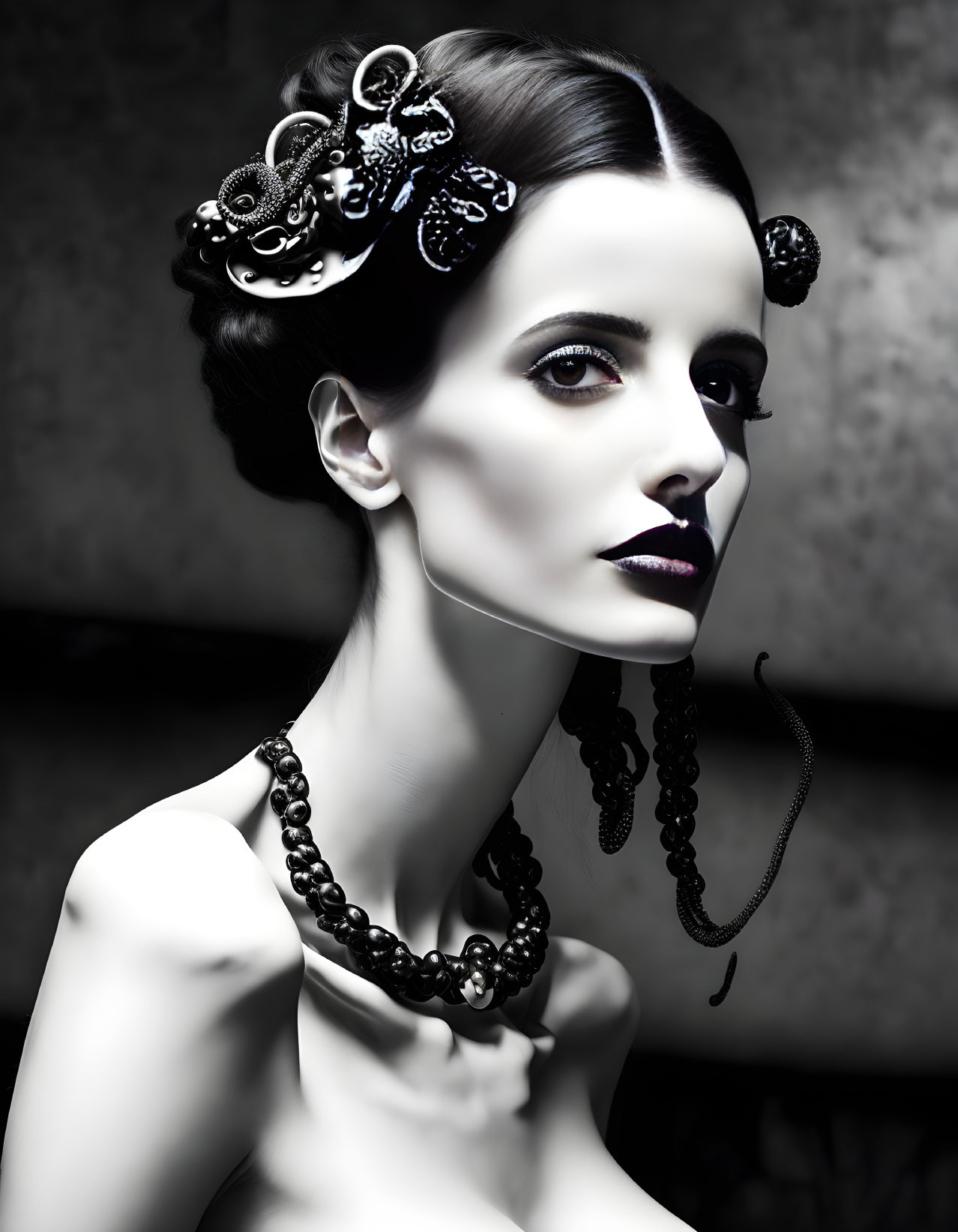 Monochrome portrait of pale woman with dark lipstick and elegant accessories