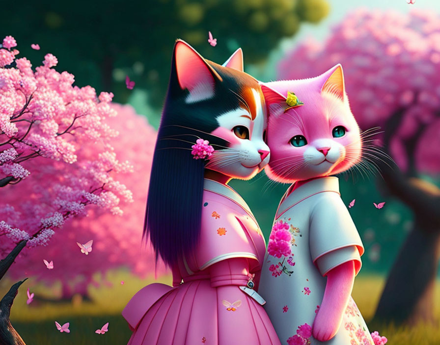 Anthropomorphic cats in kimonos under cherry blossom trees and butterflies