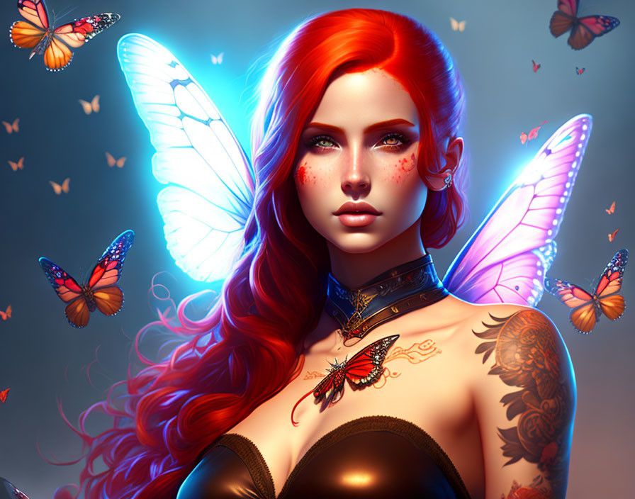 Digital artwork: Woman with red hair, butterfly tattoos, surrounded by butterflies on blue background