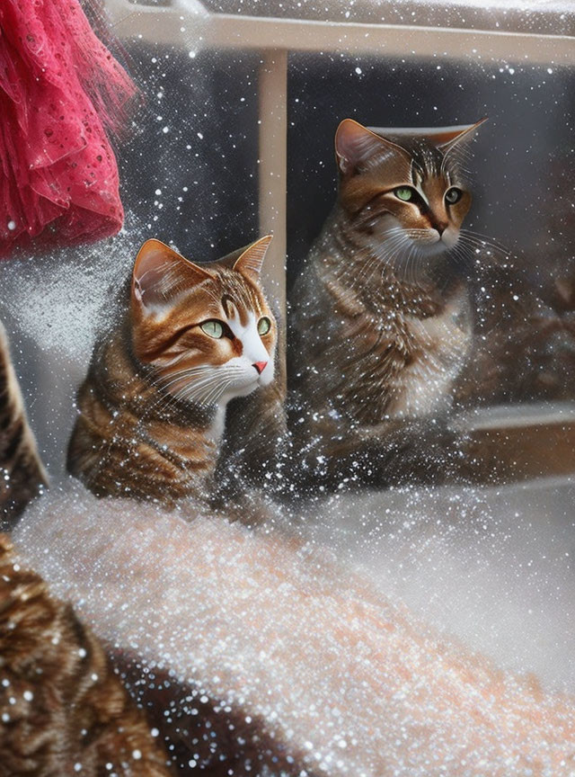 Striped cat with green eyes looking out window with snowflakes reflection