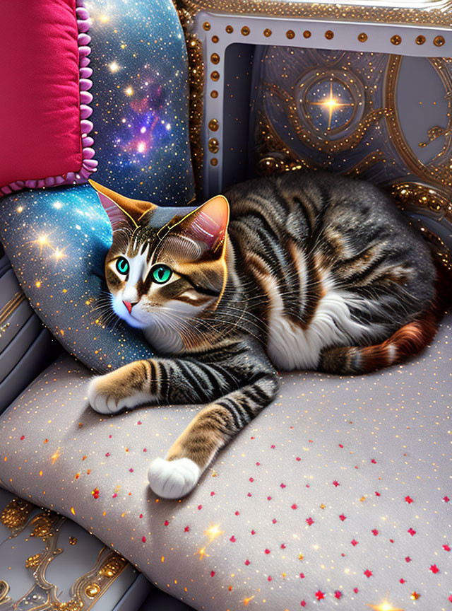 Tabby cat lounging on cosmic-patterned cushion in luxurious setting