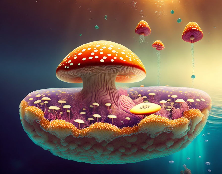 Colorful surreal mushrooms resembling jellyfish in dreamlike setting