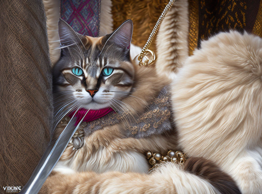 Blue-eyed cat in pink collar lounging on plush fabrics