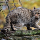 Striped cat with green eyes on tree branch in dappled sunlight