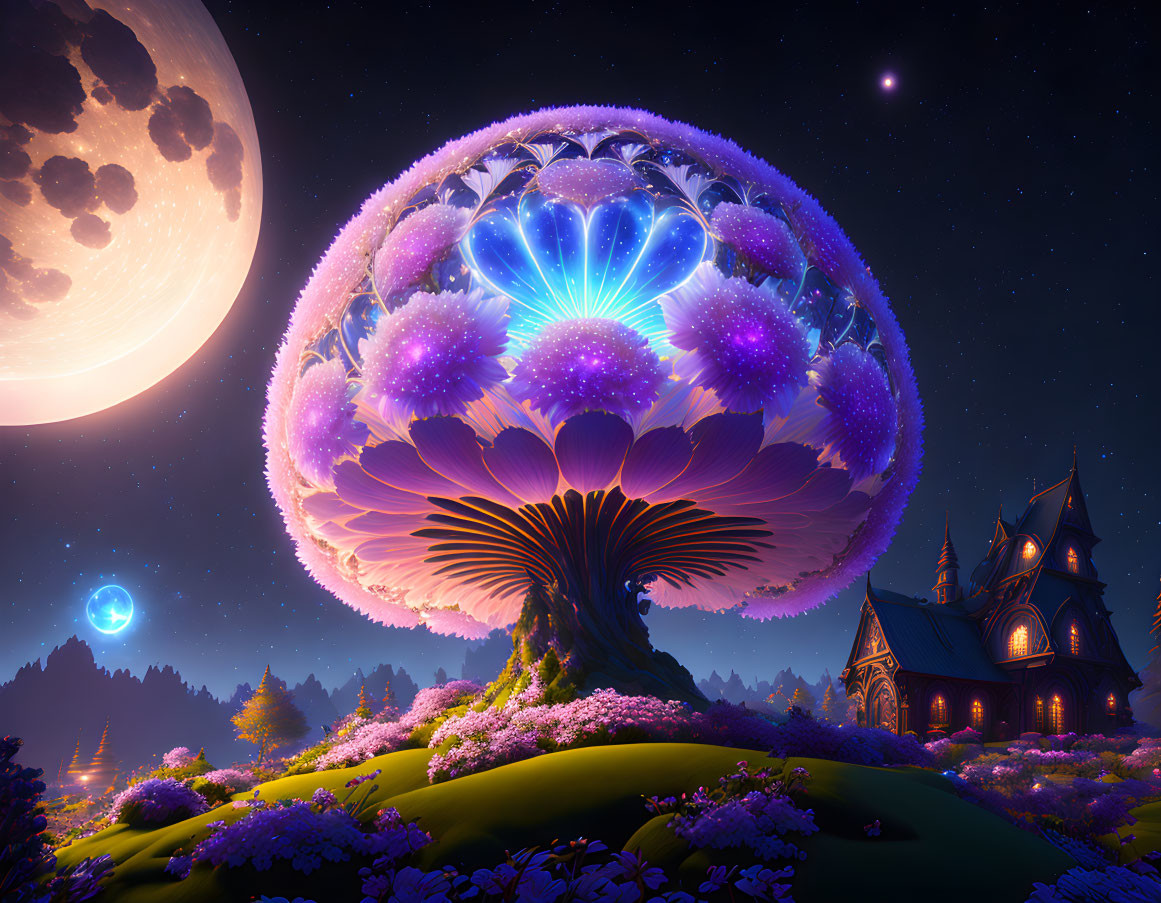 Enchanting night scene with giant mushroom tree, small house, glowing flora