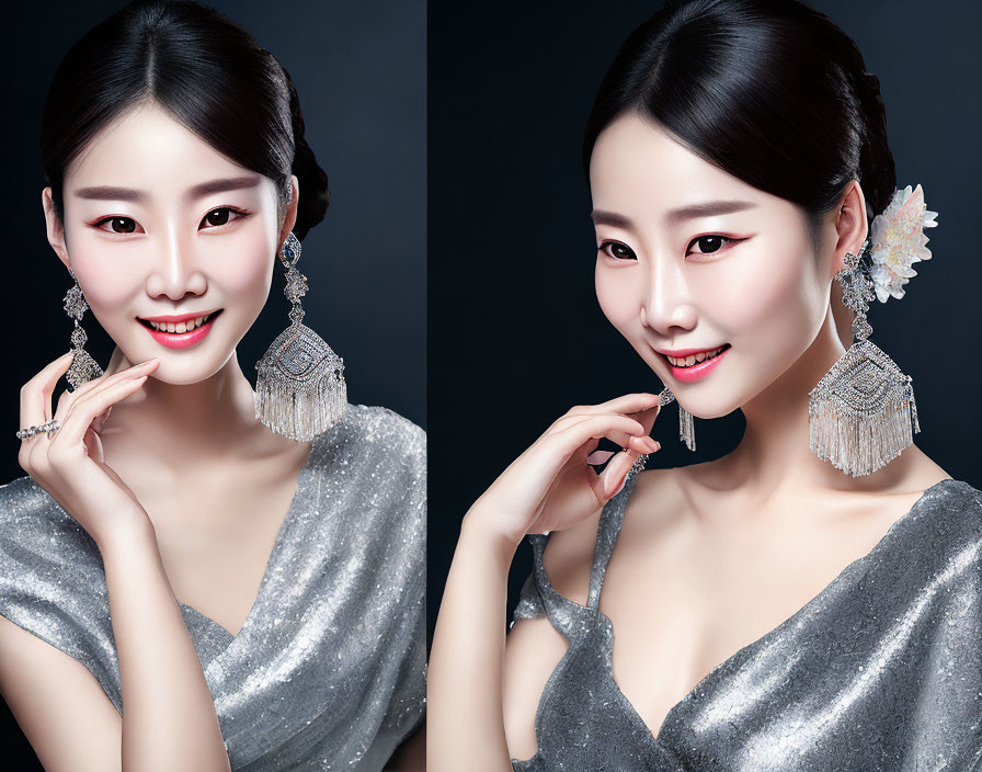 Elegant woman in silver dress with beaded earrings smiles in dual portrait