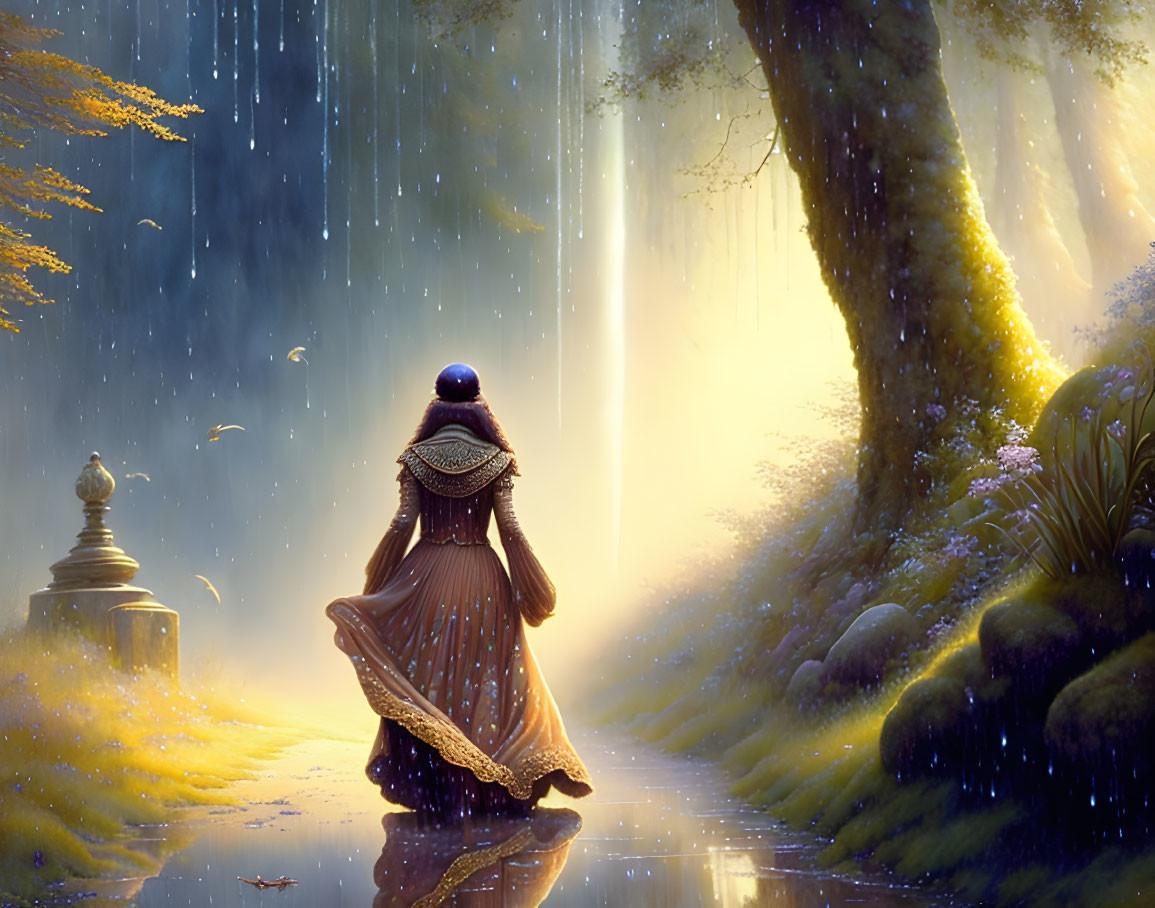 Person in robe gazes at mystical light in enchanted forest with glowing flowers