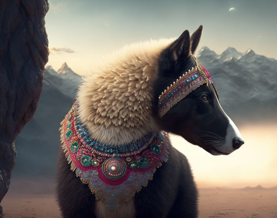 Majestic dog with ornate collar in twilight desert landscape