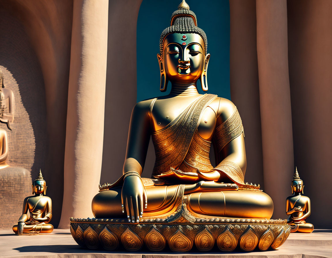 Golden Buddha Statue in Meditative Pose Surrounded by Smaller Statues in Ornate Temple