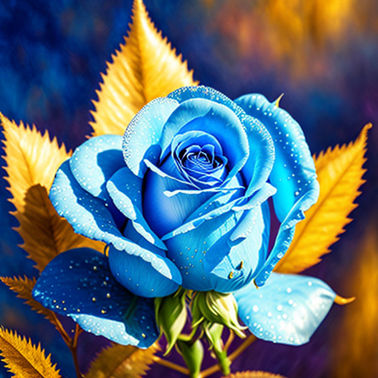 Vibrant Blue Rose with Dew Drops on Yellow Leaves and Blue Patterned Background