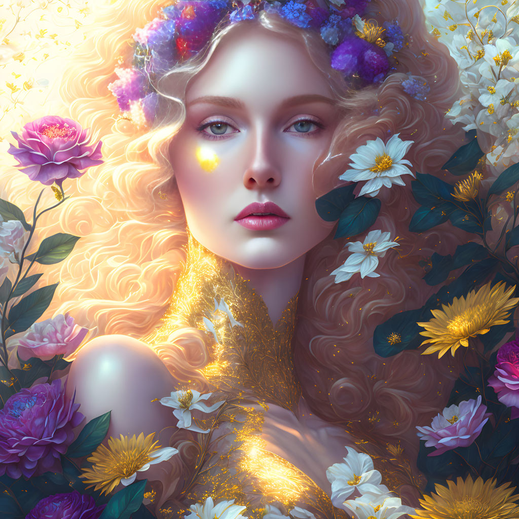 Portrait of Woman with Golden Hair and Floral Wreath Surrounded by Vibrant Flowers