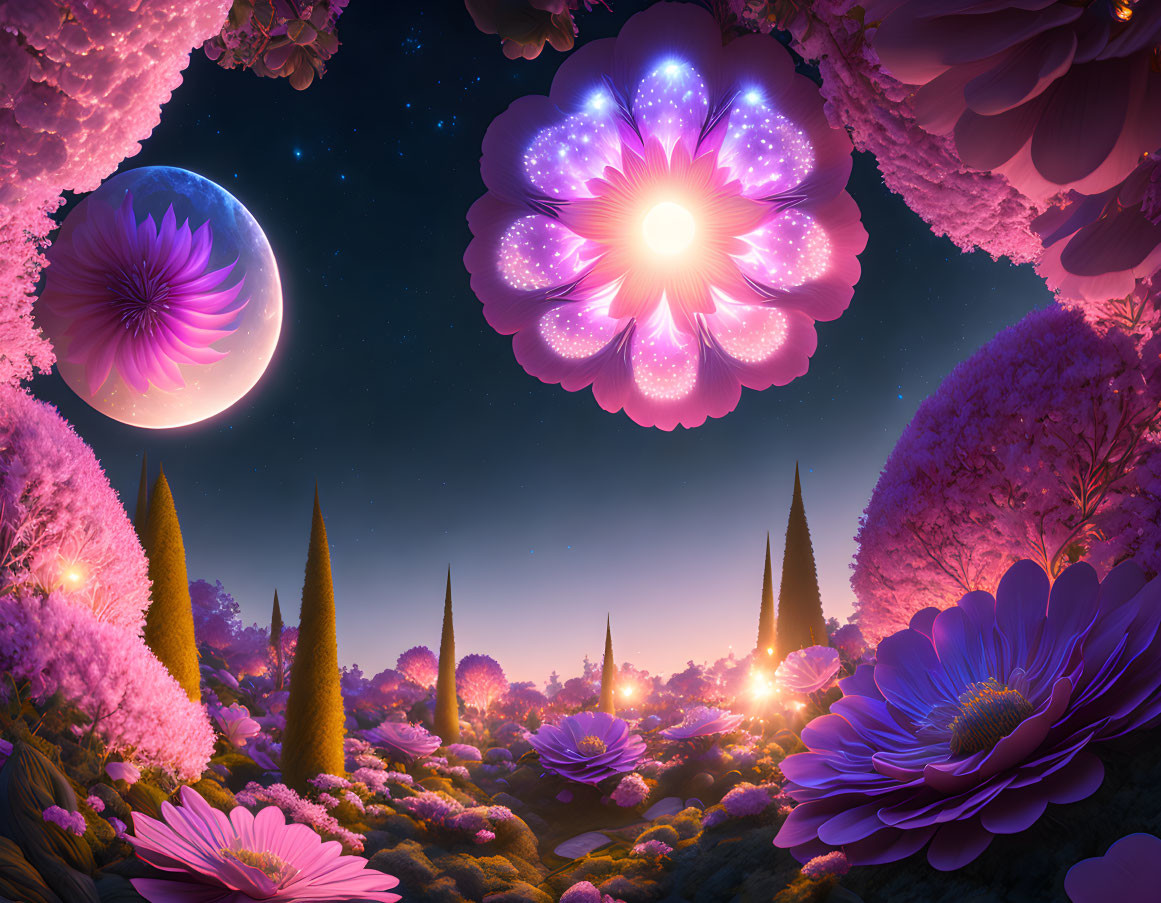 Fantasy landscape with oversized glowing flowers and moonlit sky