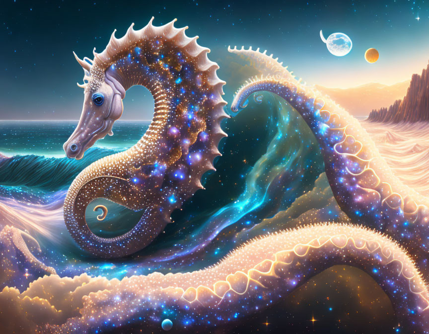 Giant glowing seahorse with cosmic pattern in ocean setting