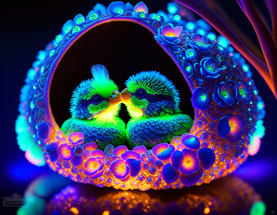 Colorful Neon Birds in Flower Sphere on Dark Background