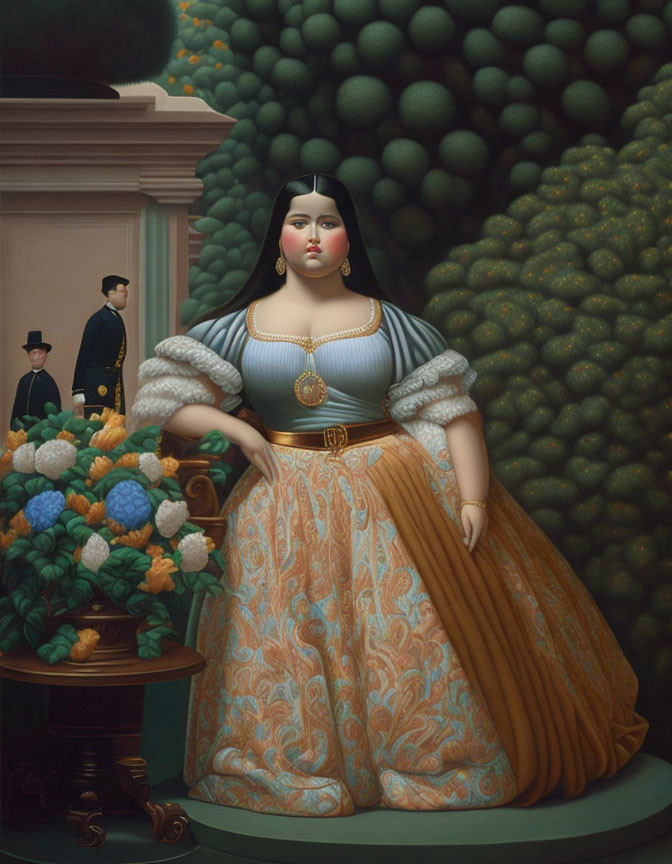 Stylized woman in historical dress with flowers on side table and green spheres background.