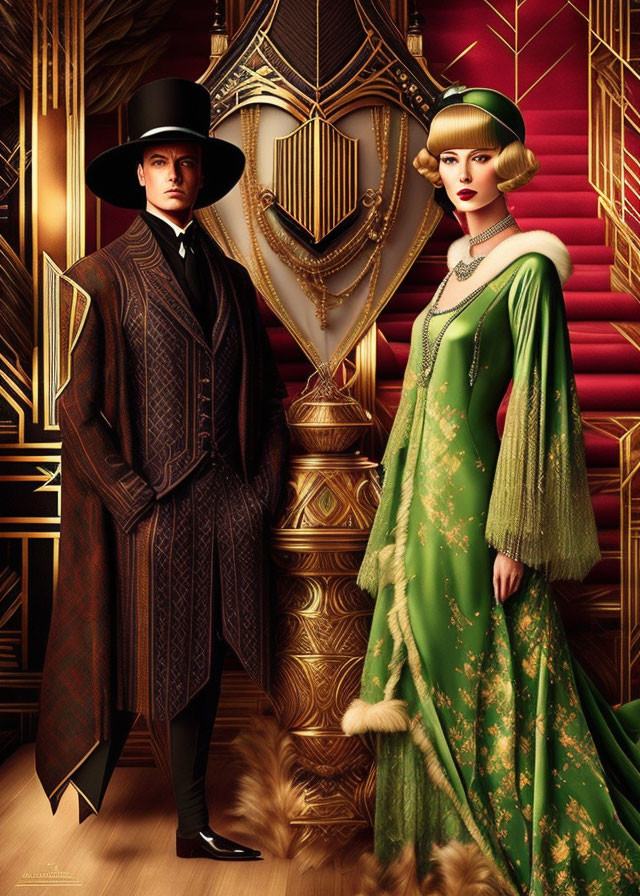 Elegantly Dressed Pair in Luxurious Art Deco Interior