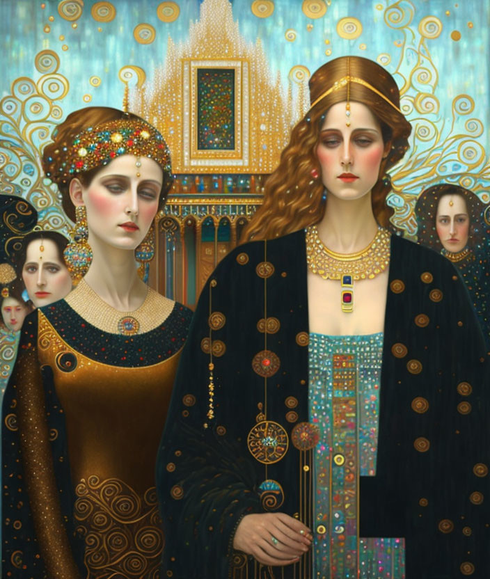 Art Nouveau painting of regal women in ornate attire with golden jewelry and intricate patterns