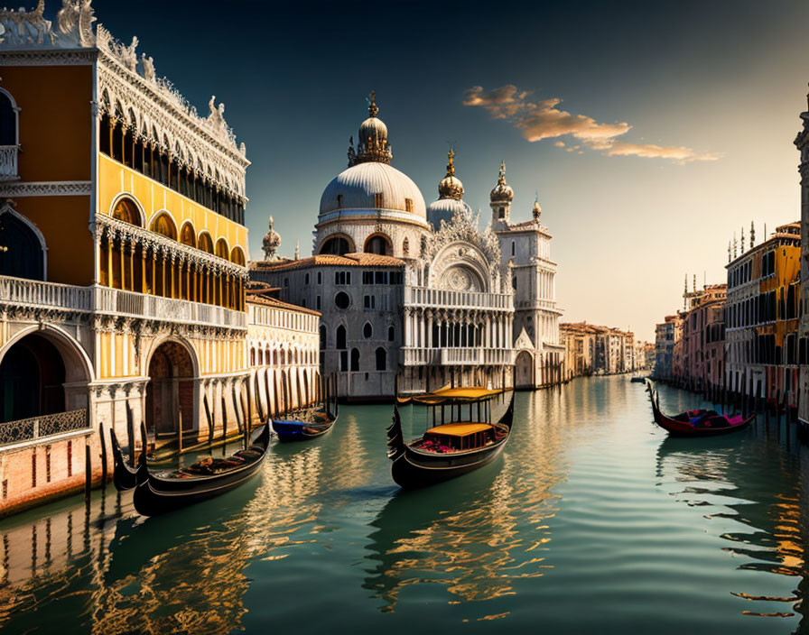 Grand Canal with gondolas, Doge's Palace, and Santa Maria della Salute.