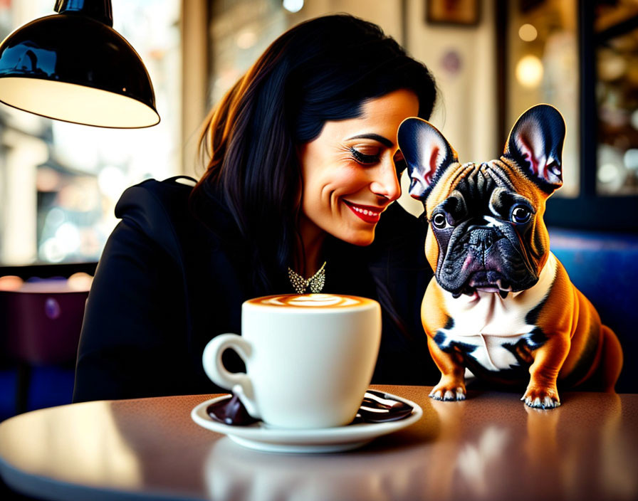 Woman Smiling at French Bulldog in Café Setting