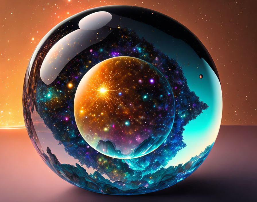 Spherical Cosmic Scene with Stars and Galaxies on Glossy Object