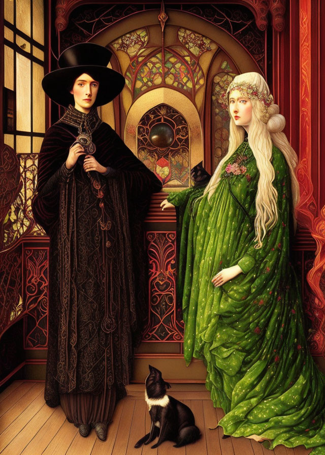 Man in black cloak with woman in green dress near stained-glass window and black cat