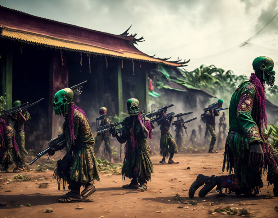 Colorful skull mask performers with fake rifles at rural cultural festival