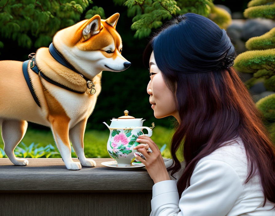 Woman and Shiba Inu Dog Sharing Tea Outdoors