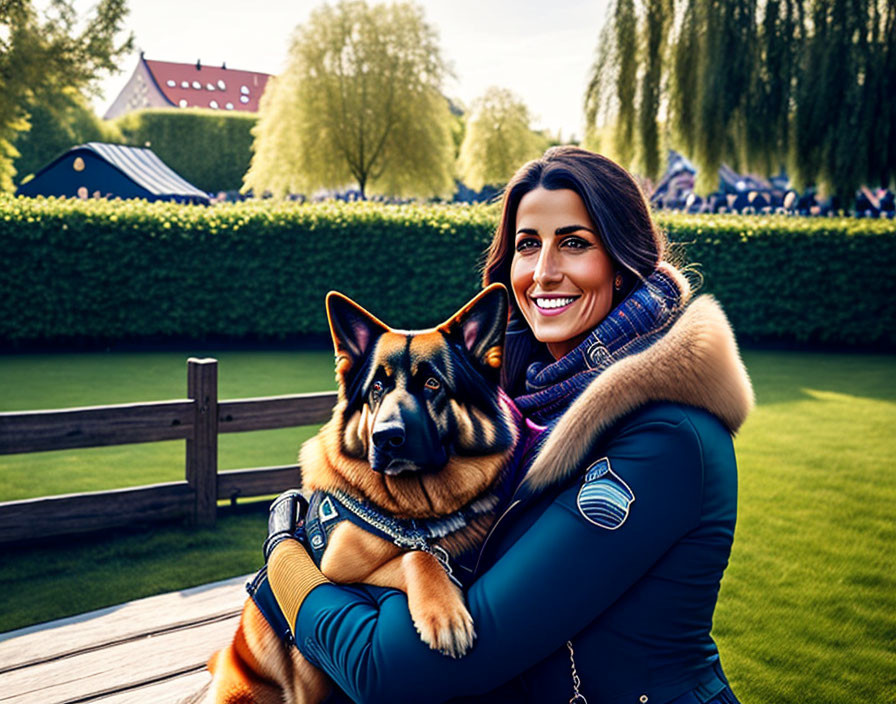 Smiling woman hugs German Shepherd in lush garden