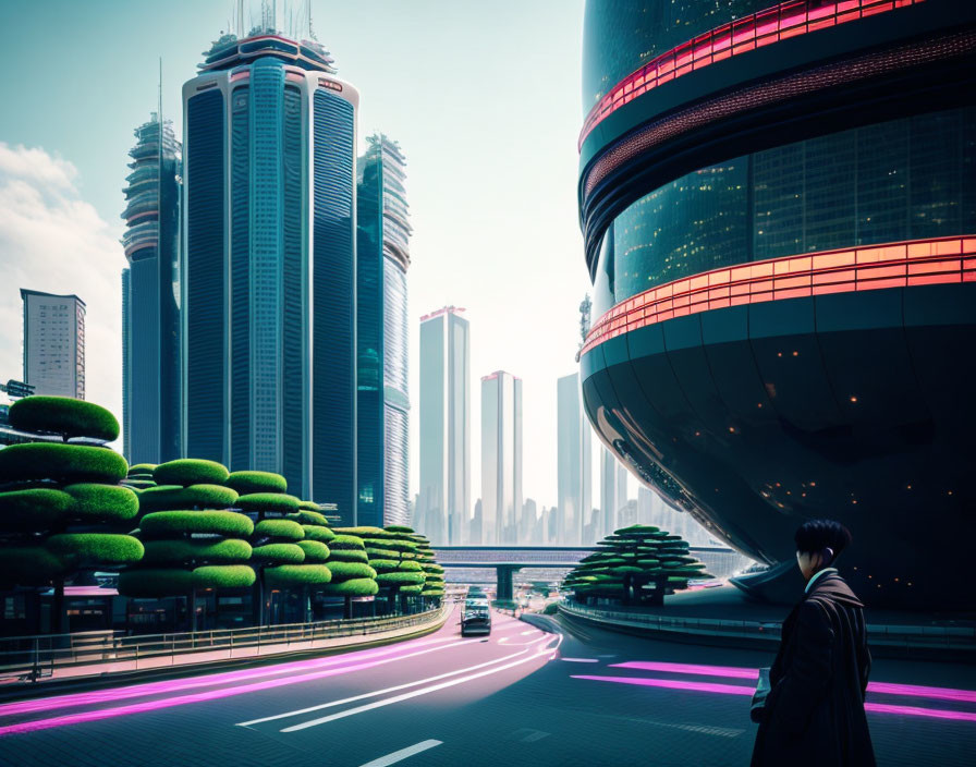 Person in Dark Coat Observing Futuristic Cityscape with Skyscrapers, Roadway, and