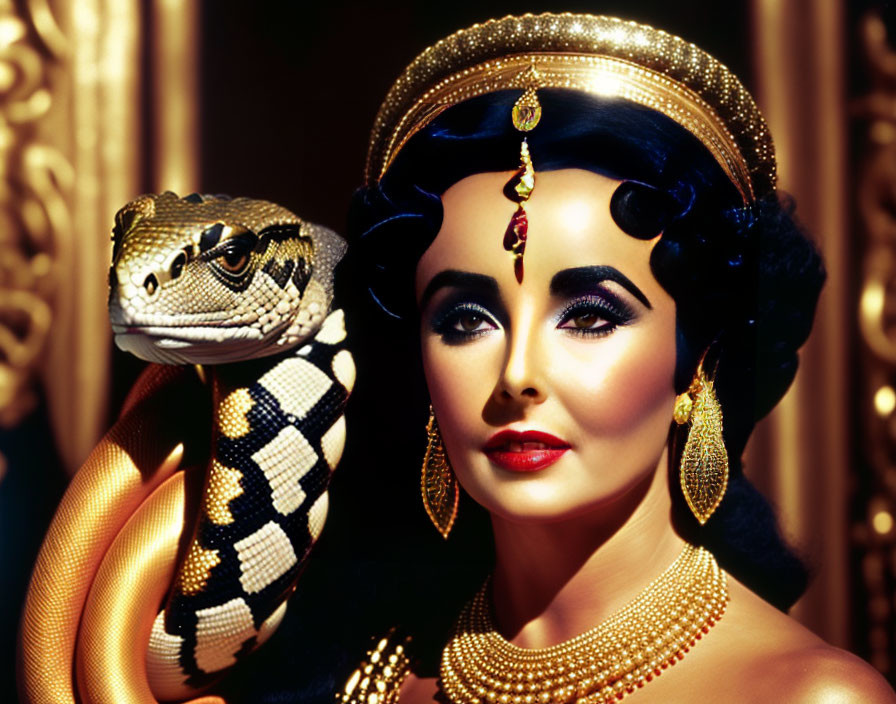 Woman in traditional golden attire with snake on shoulder against golden backdrop