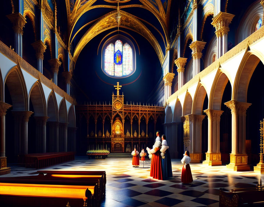 Gothic Cathedral Interior: Clergy in White and Red Robes, Stained Glass Windows