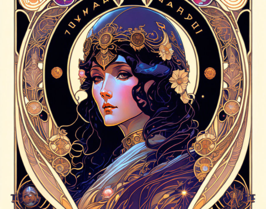 Art Nouveau Style Woman Illustration with Celestial Motifs