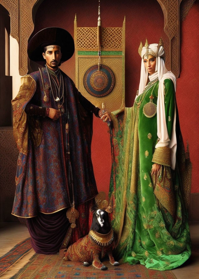 Luxurious historical attire couple with regal dog in opulent room