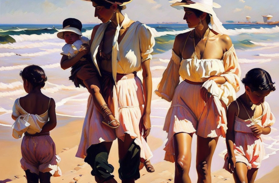 Two women and three children walking on a sandy beach with ocean and boats in the background.