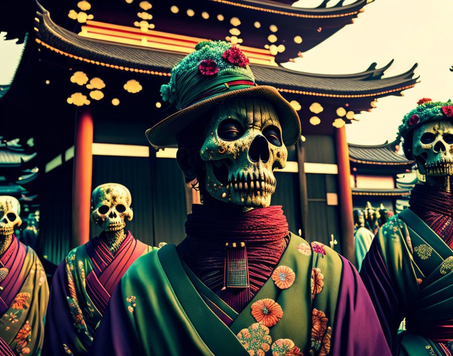 Asian individuals in traditional attire with skull masks at temple.