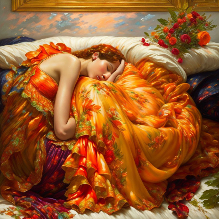 Tranquil woman in flowing dress surrounded by cushions and floral accents