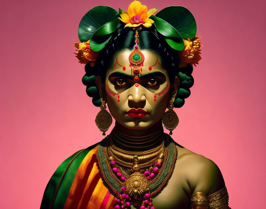 Traditional Indian jewelry and makeup on woman against pink background