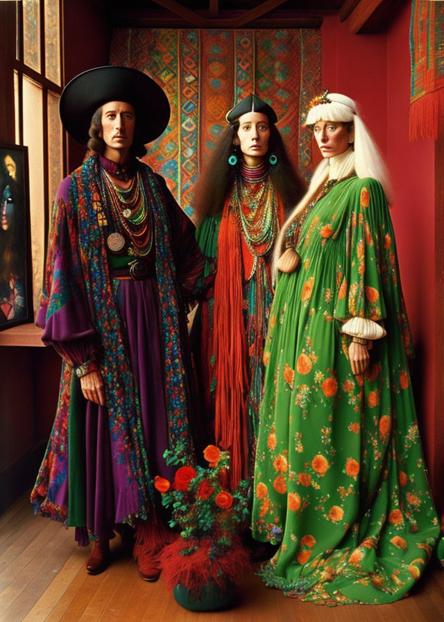 Vibrant traditional folk costumes with elaborate jewelry and headpieces in ornate room