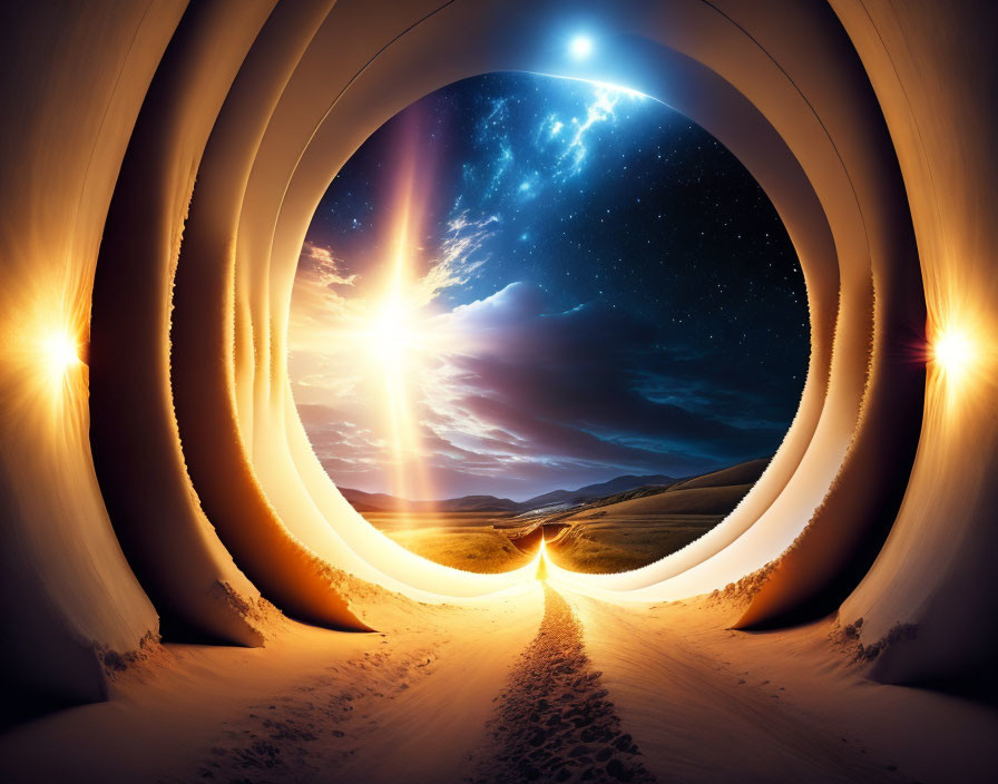 Circular tunnel with starry night sky, warm lights, and sandy path