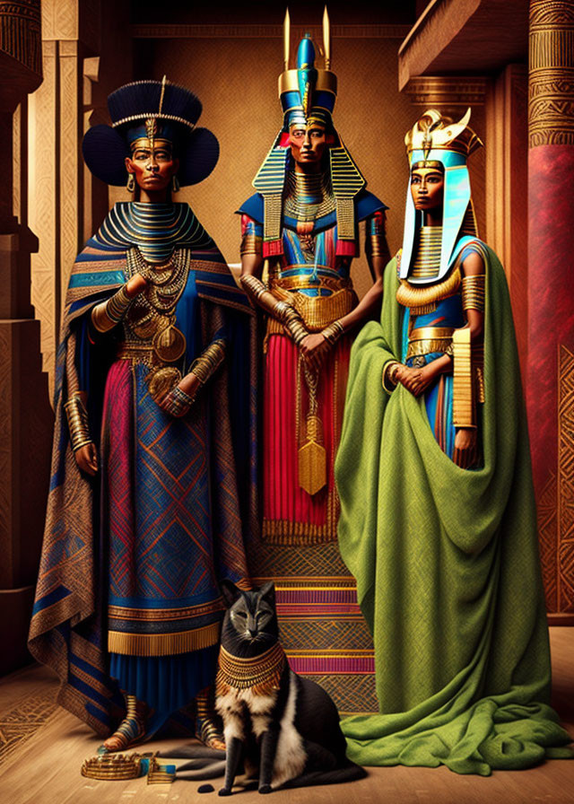 Ancient Egyptian attire with cat in regal scene.