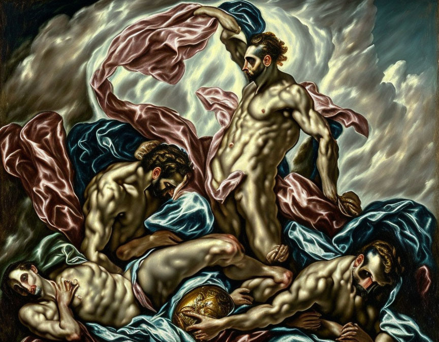 Baroque-style painting featuring four muscular figures in dynamic poses