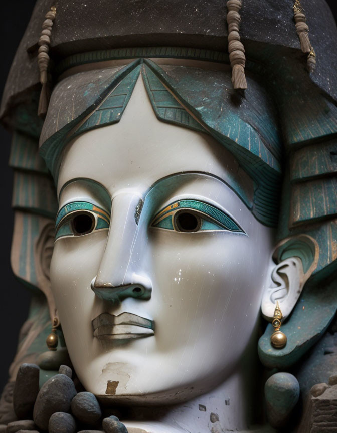 Ancient Egyptian statue with striking eyes, headdress, and jewelry