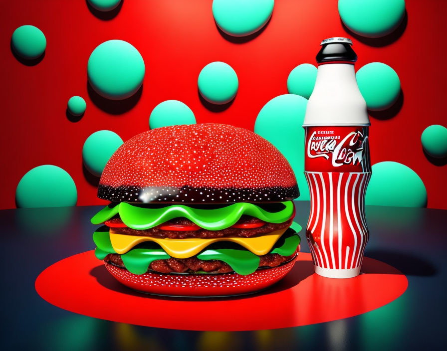 Colorful Hamburger and Diet Cola Bottle on Red Background