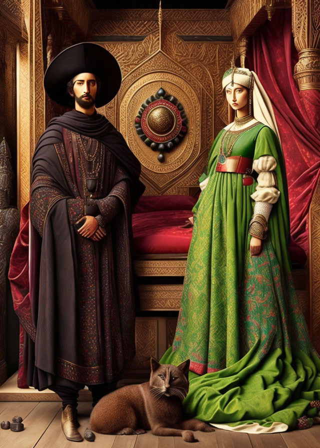 Renaissance man and woman in opulent room with Siamese cat