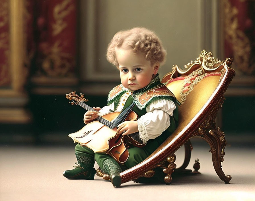 Toddler in ornate period clothing with mandolin and gilded chair