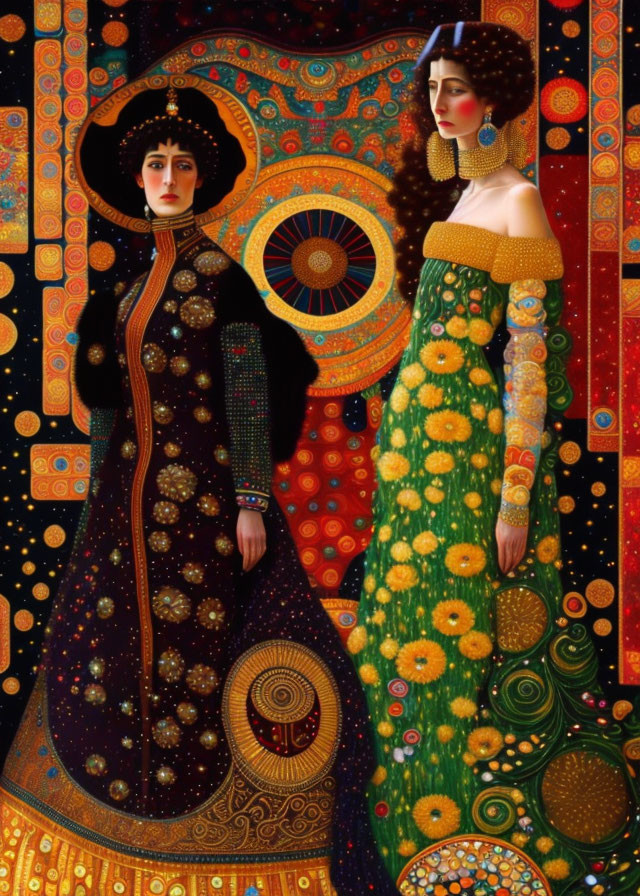 Two women in celestial-themed attire against intricate night sky backdrop